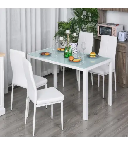 Conjunto de Comedor de Mesa y 4 Sillas 5 Piezas Mesa Rectangular de Vidrio Templado y Sillas Tapizadas en PU Blanco