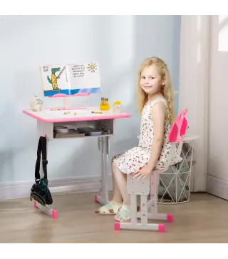 Juego de Escritorio y Silla Infantil de +6 Anos Altura Ajustable con 1 Cajon y Estante para Libros 60x45x90-102 cm Rosa