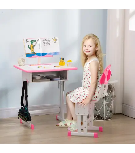 Juego de Escritorio y Silla Infantil de +6 Anos Altura Ajustable con 1 Cajon y Estante para Libros 60x45x90-102 cm Rosa