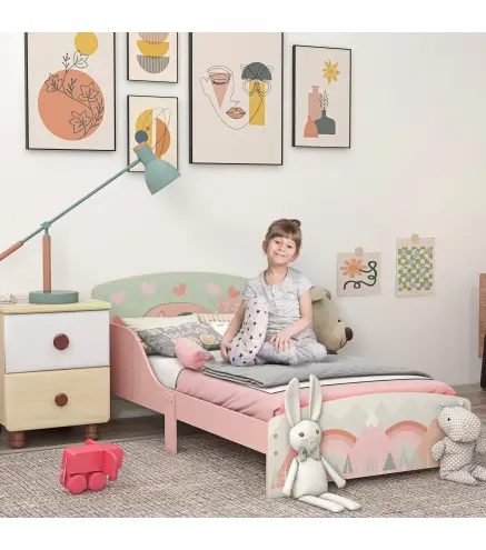 Cama para Ninos 143x77x60 cm Cama Infantil de 3-6 Anos con Barreras de Proteccion y Estampados Carga Max. 40 kg Rosa