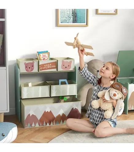 Organizador de Juguetes para Niños Estantería para Juguetes con 6 Cajas de Tela no Tejida Extraíbles 63x30x66 cm Verde