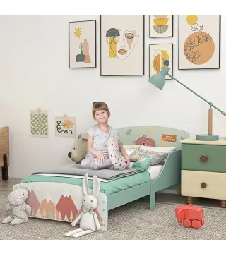 Cama para Niños 143x77x60 cm Cama Infantil de 3-6 Años con Barreras de Protección y Estampados Carga Máx. 40 kg Verde