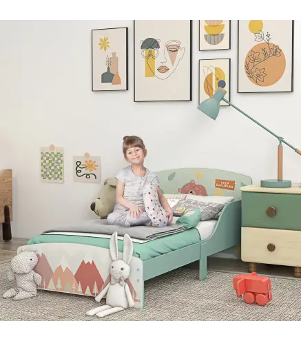 Cama para Ninos 143x77x60 cm Cama Infantil de 3-6 Anos con Barreras de Proteccion y Estampados Carga Max. 40 kg Verde