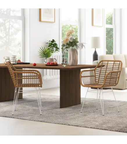 Set de 2 Sillas de Comedor Sillas de Cocina de Ratán PE con Patas de Acero para Salón Estilo Bohemio 56x60x79 cm Marrón