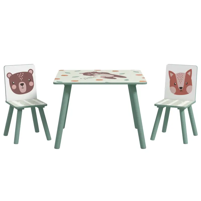 Set de Mesa y 2 Sillas Conjunto de Muebles Infantiles de 3 Piezas para Niños de +3 Años con Estampado Animales y Verde