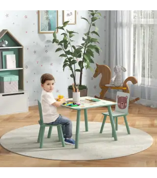 Set de Mesa y 2 Sillas Conjunto de Muebles Infantiles de 3 Piezas para Ninos de +3 Anos con Estampado Animales y Verde