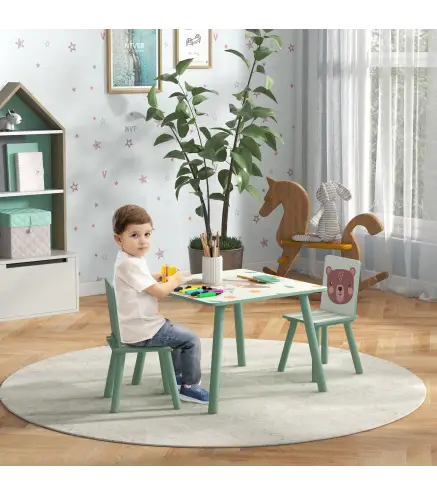 Set de Mesa y 2 Sillas Conjunto de Muebles Infantiles de 3 Piezas para Niños de +3 Años con Estampado Animales y Verde