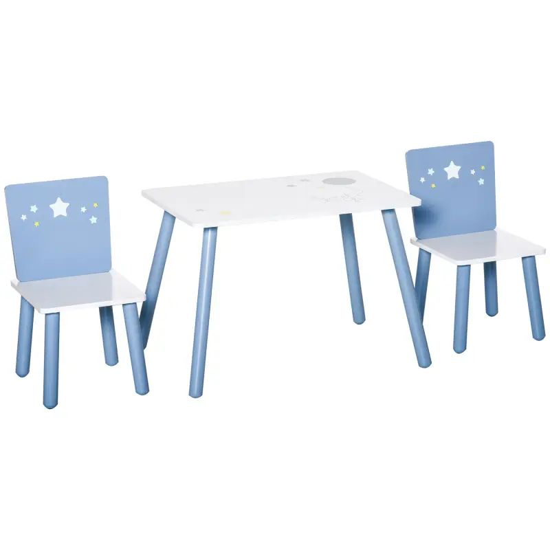 Mesa con Sillas para Niños de 2-4 Años de Madera Mesa 60x40x43 cm y Sillas para Dormitorio 28x26x48 cm Blanco y Azul