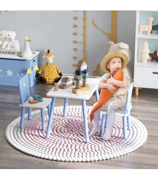 Mesa con Sillas para Niños de 2-4 Años de Madera Mesa 60x40x43 cm y Sillas para Dormitorio 28x26x48 cm Blanco y Azul