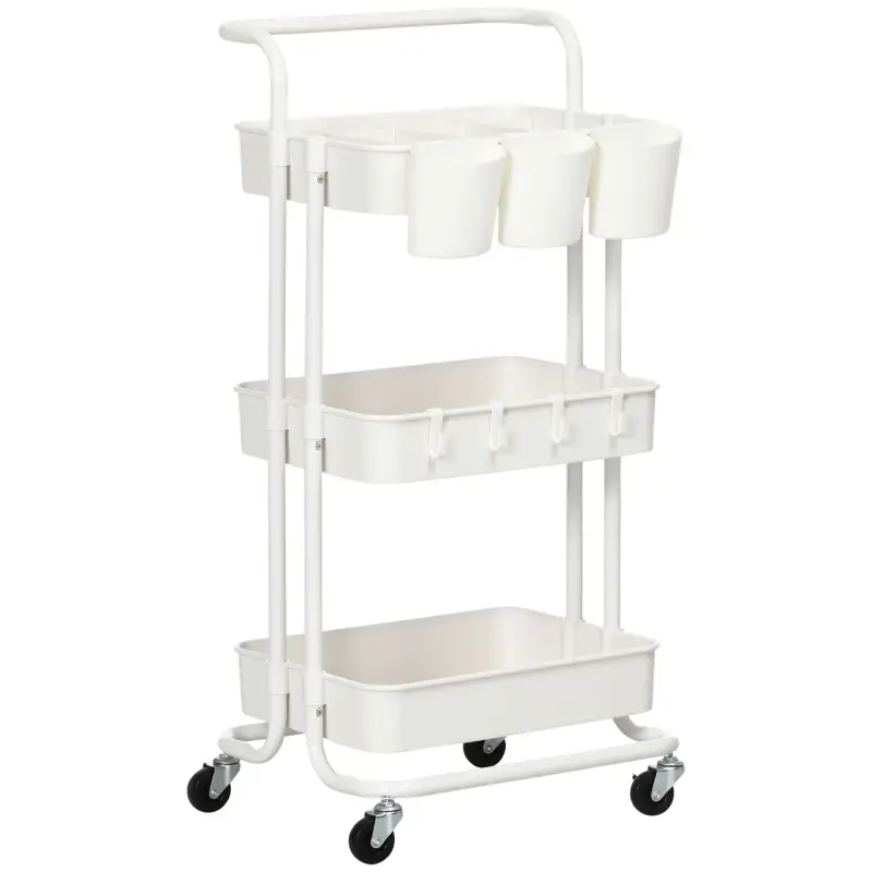 Carrito Auxiliar con Ruedas Carro de Almacenaje Multifuncional con Ganchos y Cajas Colgantes 42x38x86,5 cm Blanco