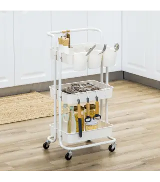 Carrito Auxiliar con Ruedas Carro de Almacenaje Multifuncional con Ganchos y Cajas Colgantes 42x38x86,5 cm Blanco