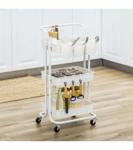 Carrito Auxiliar con Ruedas Carro de Almacenaje Multifuncional con Ganchos y Cajas Colgantes 42x38x86,5 cm Blanco