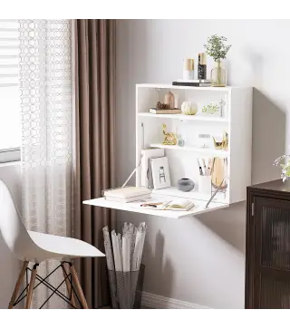Escritorio Plegable de Pared Moderno Mesa Flotante Multifuncional con Estantes de Almacenamiento 64x20x60 cm Blanco