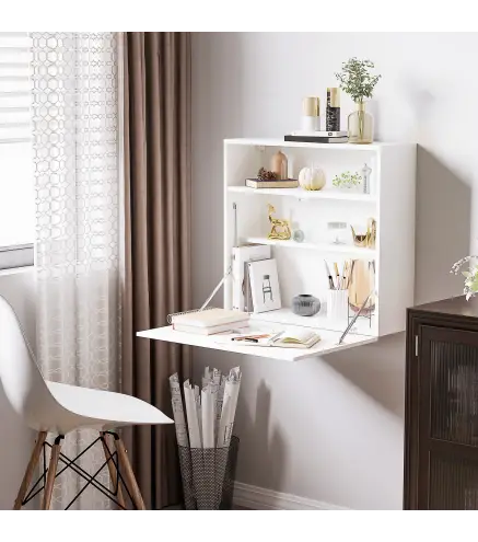 Escritorio Plegable de Pared Moderno Mesa Flotante Multifuncional con Estantes de Almacenamiento 64x20x60 cm Blanco