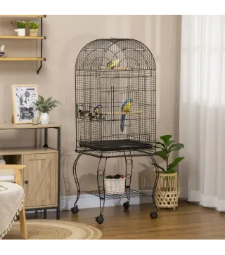 Jaula para Pájaros con Soporte y Ruedas Jaula de Acero con Bandeja Extraíble y 2 Comederos 51x51x153 cm Negro