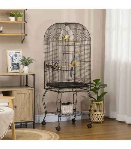 Jaula para Pájaros con Soporte y Ruedas Jaula de Acero con Bandeja Extraíble y 2 Comederos 51x51x153 cm Negro