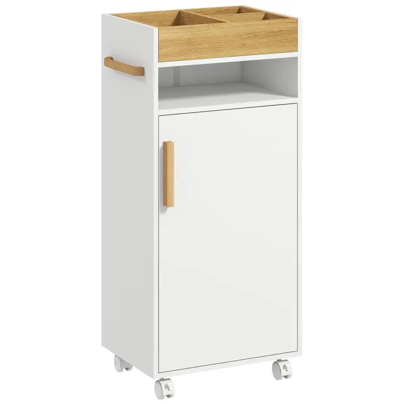 Armario de Baño Moderno con Estantes Ajustables Armario Bandeja Extraíble y Ruedas 40x30x88 cm Blanco y Roble