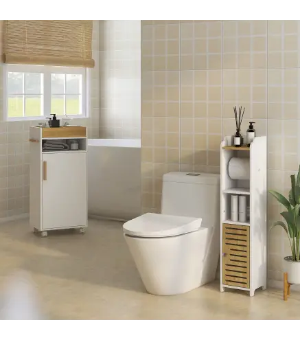 Armario de Baño Moderno con Estantes Ajustables Armario Bandeja Extraíble y Ruedas 40x30x88 cm Blanco y Roble