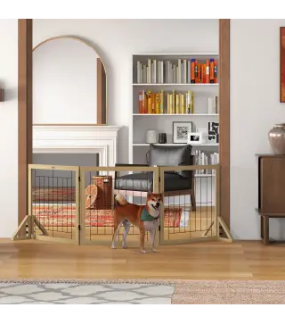 Valla para Mascotas Plegable de 3 Paneles con Plegado Bidireccional y Patas de Apoyo Triangulares 210x44x70 cm Natural