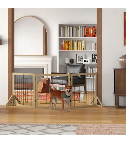 Valla para Mascotas Plegable de 3 Paneles con Plegado Bidireccional y Patas de Apoyo Triangulares 210x44x70 cm Natural