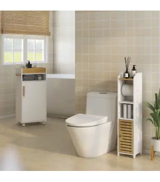 Portarrollos de Baño Moderno Armario de Baño con Estantes 1 Puerta y Portarrollos de Papel 18x20x90 cm Blanco y Roble