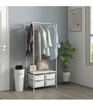 Perchero Zapatero con Ruedas para Recibidor con 8 Ganchos 4 Cestas para Zapatos y Marco de Acero 63x37x153 cm Blanco