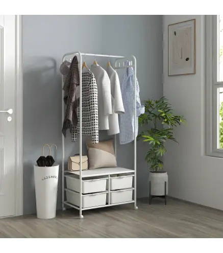 Perchero Zapatero con Ruedas para Recibidor con 8 Ganchos 4 Cestas para Zapatos y Marco de Acero 63x37x153 cm Blanco