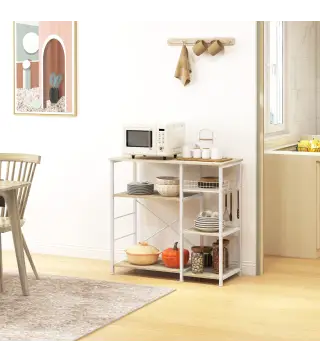 Estantería de Cocina con 1 Cesta 4 Ganchos en S 6 Almohadillas de Pie Ajustables y Estantes 90x40x84,5 cm Roble y Blanco