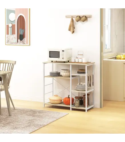 Estantería de Cocina con 1 Cesta 4 Ganchos en S 6 Almohadillas de Pie Ajustables y Estantes 90x40x84,5 cm Roble y Blanco