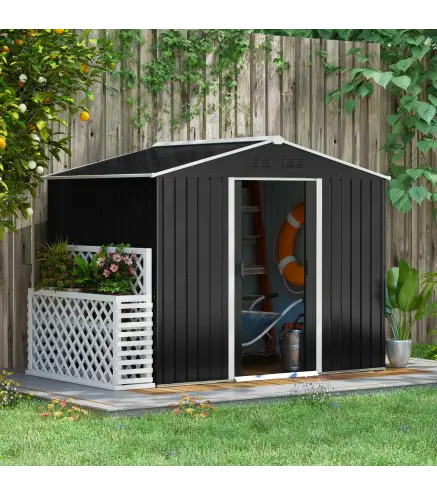Caseta de Jardín de 3,6m² 236x174x190 cm Cobertizo Exterior para Herramientas con Puertas Correderas y 4 Ventanas Gris