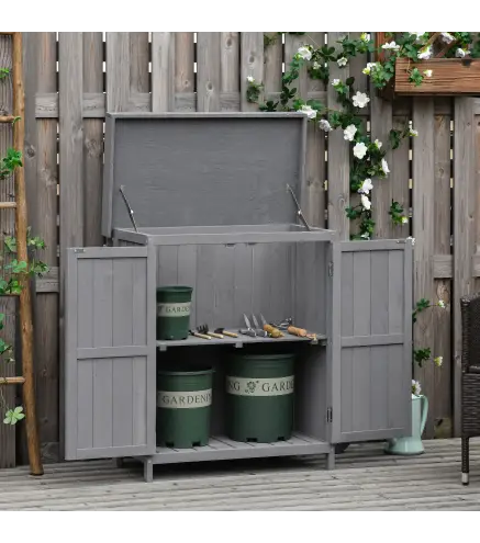 Cobertizo de Almacenamiento de Madera para Jadín 74x43x88 cm con 2 Puertas y Techo Asfáltico Abatible Gris