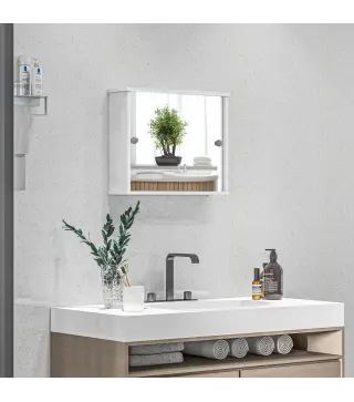 Armario con Espejo de Pared con Estante Ajustable y Puerta Corredera Doble para Lavabo 55x15x45 cm Blanco Brillante