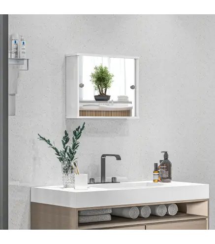 Armario con Espejo de Pared con Estante Ajustable y Puerta Corredera Doble para Lavabo 55x15x45 cm Blanco Brillante