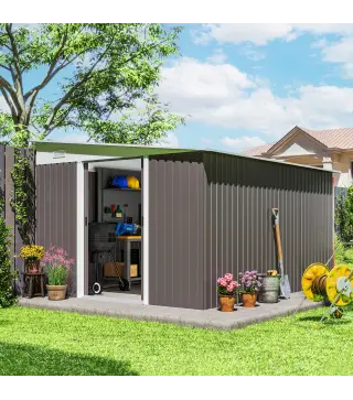 Cobertizo de Jardín 280x345x201 cm 8,9 m² para Almacenamiento de Herramientas con Puerta y 2 Ventanas Gris