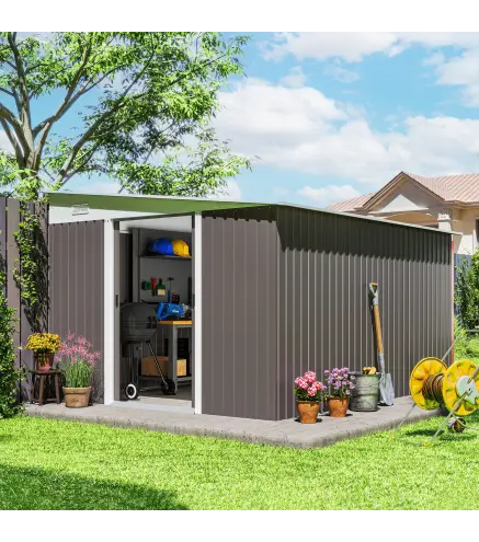 Cobertizo de Jardín 280x345x201 cm 8,9 m² para Almacenamiento de Herramientas con Puerta y 2 Ventanas Gris
