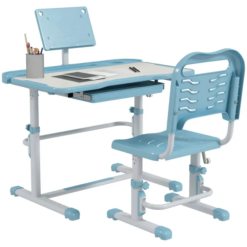 Pupitre Infantil Ajustable con 1 Cajón 1 Estante para Libros y Ángulo de Mesa Ajustable 80x49,5x82-104 cm Azul y Blanco