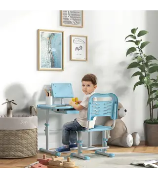 Pupitre Infantil Ajustable con 1 Cajón 1 Estante para Libros y Ángulo de Mesa Ajustable 80x49,5x82-104 cm Azul y Blanco