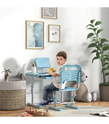 Pupitre Infantil Ajustable con 1 Cajón 1 Estante para Libros y Ángulo de Mesa Ajustable 80x49,5x82-104 cm Azul y Blanco