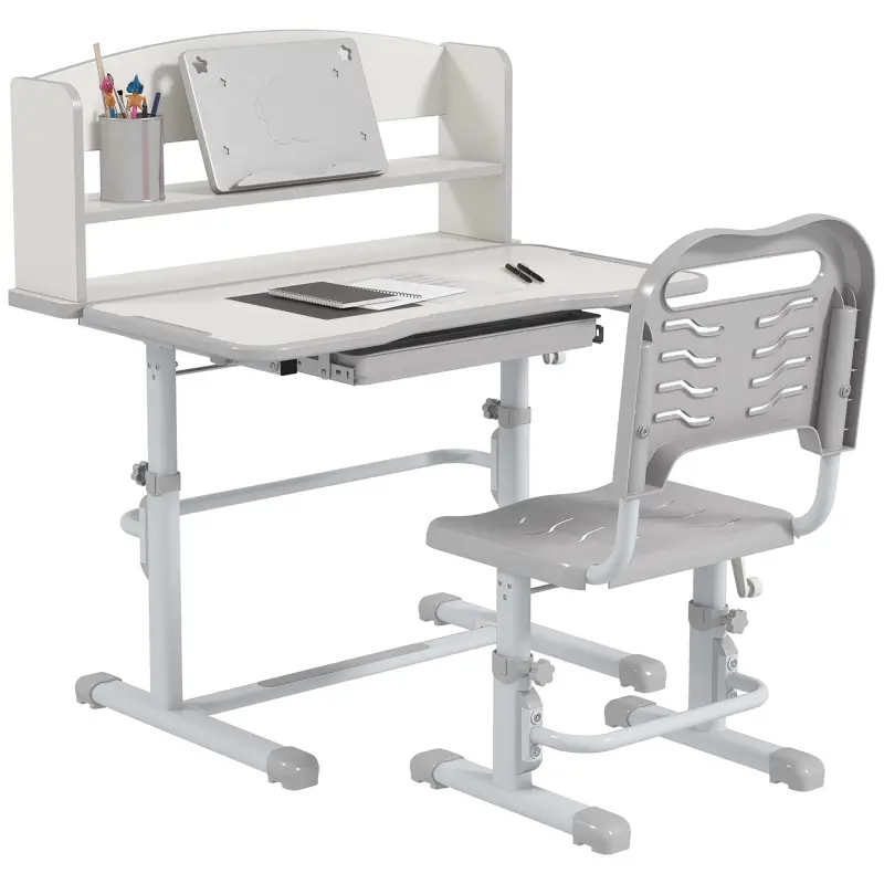 Pupitre Infantil Altura Ajustable con 1 Cajón 1 Estante y Ángulo de Mesa Ajustable 80x54,5x82-104 cm Gris y Blanco