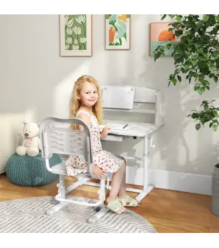 Pupitre Infantil Altura Ajustable con 1 Cajón 1 Estante y Ángulo de Mesa Ajustable 80x54,5x82-104 cm Gris y Blanco