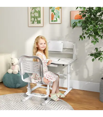 Pupitre Infantil Altura Ajustable con 1 Cajón 1 Estante y Ángulo de Mesa Ajustable 80x54,5x82-104 cm Gris y Blanco