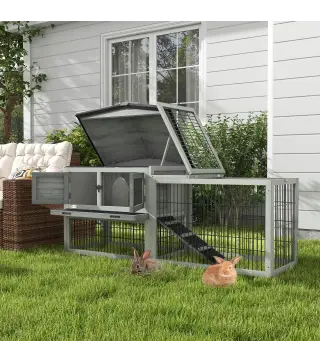 Conejera Exterior de Madera 150x52x68 cm Jaula para Conejos Grande con Techo Abatible Bandeja Extraíble y Rampa Gris