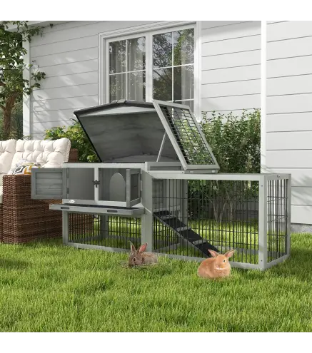 Conejera Exterior de Madera 150x52x68 cm Jaula para Conejos Grande con Techo Abatible Bandeja Extraíble y Rampa Gris