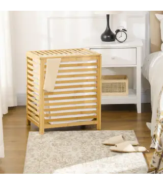 Cesta para la Colada de Bambú Capacidad de 55L Cesto para Ropa Sucia con 2 Asas y Bolsa Extraíble 50x36x60 cm Natural