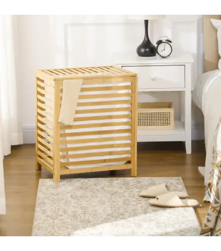 Cesta para la Colada de Bambú Capacidad de 55L Cesto para Ropa Sucia con 2 Asas y Bolsa Extraíble 50x36x60 cm Natural