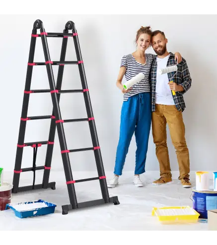 Escalera de Aluminio Plegable 2 Formas de Uso con 12 Escalones Antideslizantes Carga 150 kg 379x67,5x11 cm Negro y Rojo