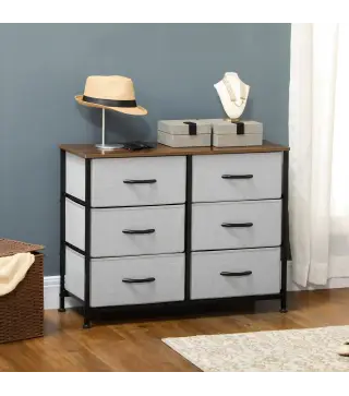 Cómoda Cajonera con 6 Cajones de Tela Plegable Marco de Acero y Almohadillas Ajustables 80x30x62,5 cm Gris y Marrón