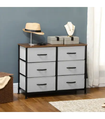 Cómoda Cajonera con 6 Cajones de Tela Plegable Marco de Acero y Almohadillas Ajustables 80x30x62,5 cm Gris y Marrón