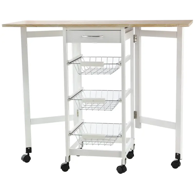 Carrito Auxiliar Plegable Carrito de Cocina con 6 Ruedas 1 Cajón y 3 Cesta de Metal 97,2x37x77,5 cm Blanco y Roble