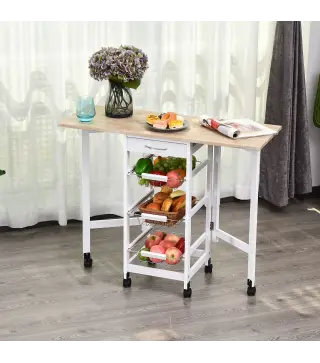 Carrito Auxiliar Plegable Carrito de Cocina con 6 Ruedas 1 Cajón y 3 Cesta de Metal 97,2x37x77,5 cm Blanco y Roble